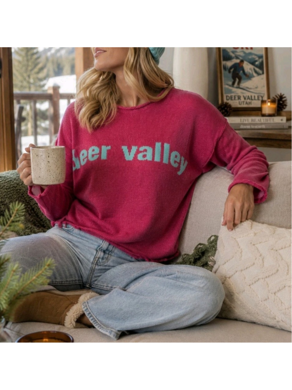 Town Pride Deer Valley Sweater Sz XS Hot Pink Graphic Knit Pullover Made In USA